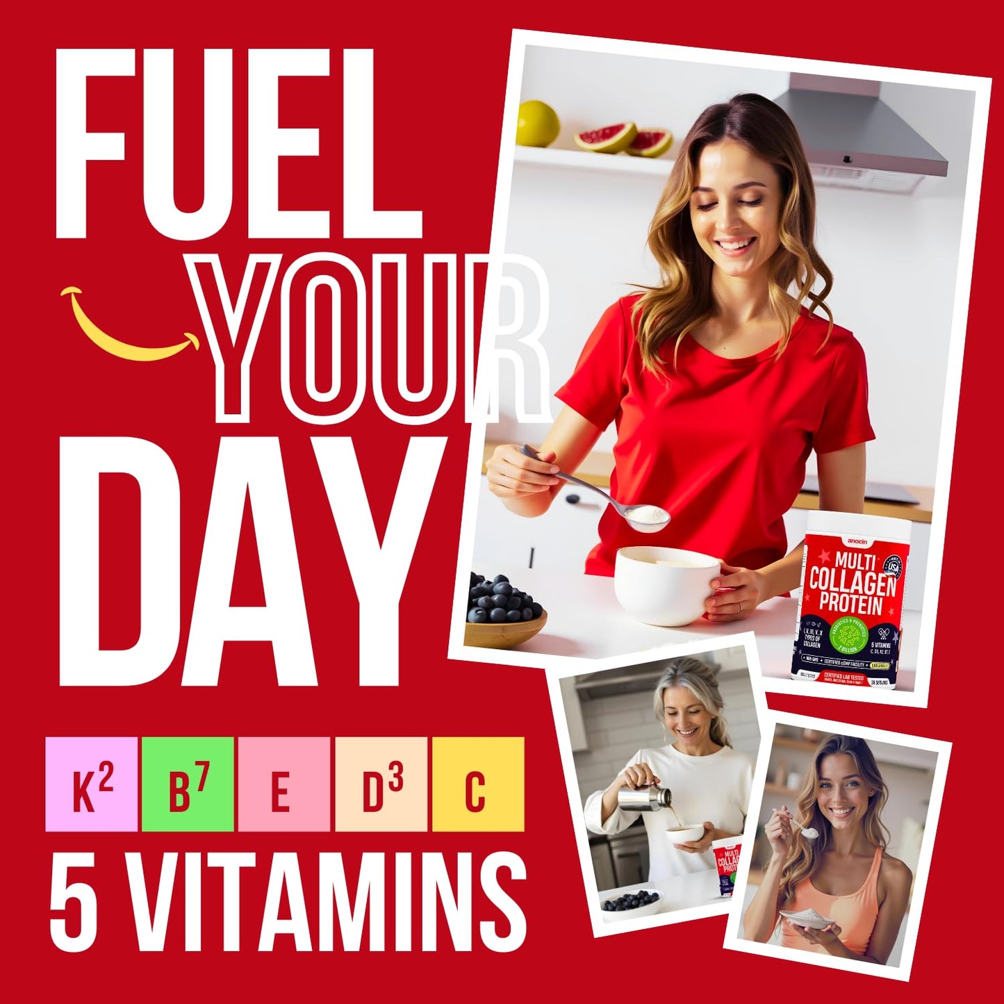 anocin Multi Collagen Peptides w/Prebiotic + Probiotics + Type I, II, III, V, X + Hydrolyzed Collagen Powder w/Vitamin C+D3+B7+K2+E Hyaluronic Acid, Supports Skin Hair Nail Joint, Grass-Fed, Non-GMO