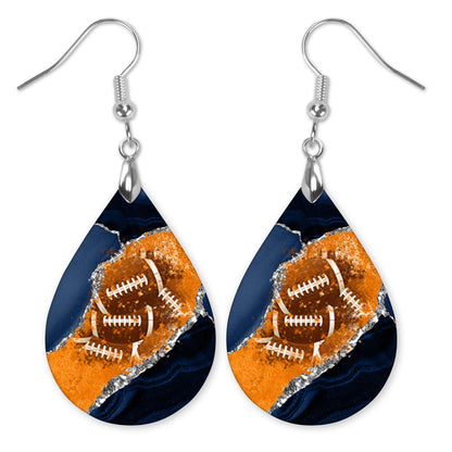Football Earrings Blue and Orange Dangle Dangling Teardrop MDF Wood Sports School Team Spirit Fan Jewelry for Women Handmade (Navy & Orange)