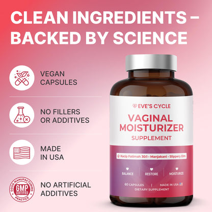 Eve's Cycle Vaginal Moisture + Tightening Supplement - Kacip Fatimah, Slippery Elm for Women, Manjakani for Vaginal Dryness - 60 Vegan Capsules - Made in USA