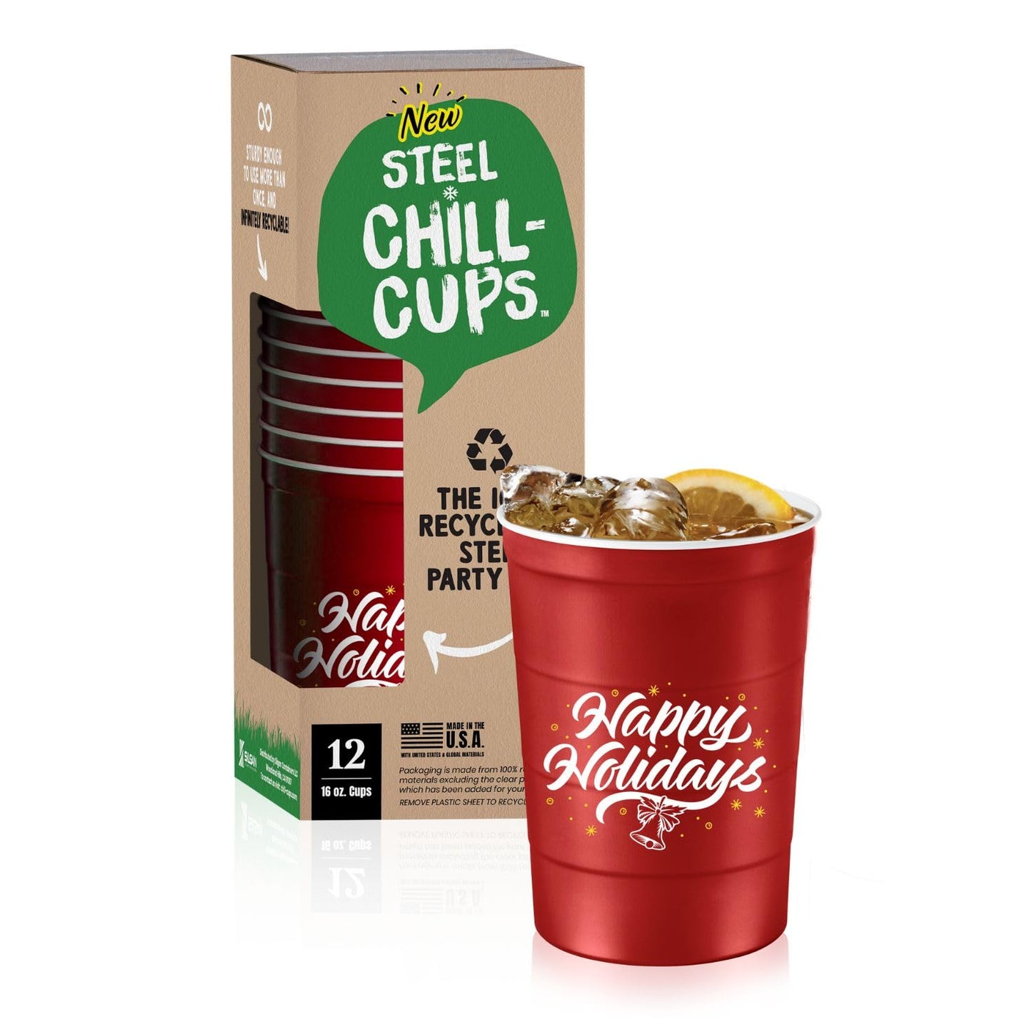 Steel Chill Cups 16 oz. Party Cups 'Happy Holidays' Christmas Tree Design for Cold Drinks, Durable, Disposable, Recyclable, Made in USA, Red, 12 Count