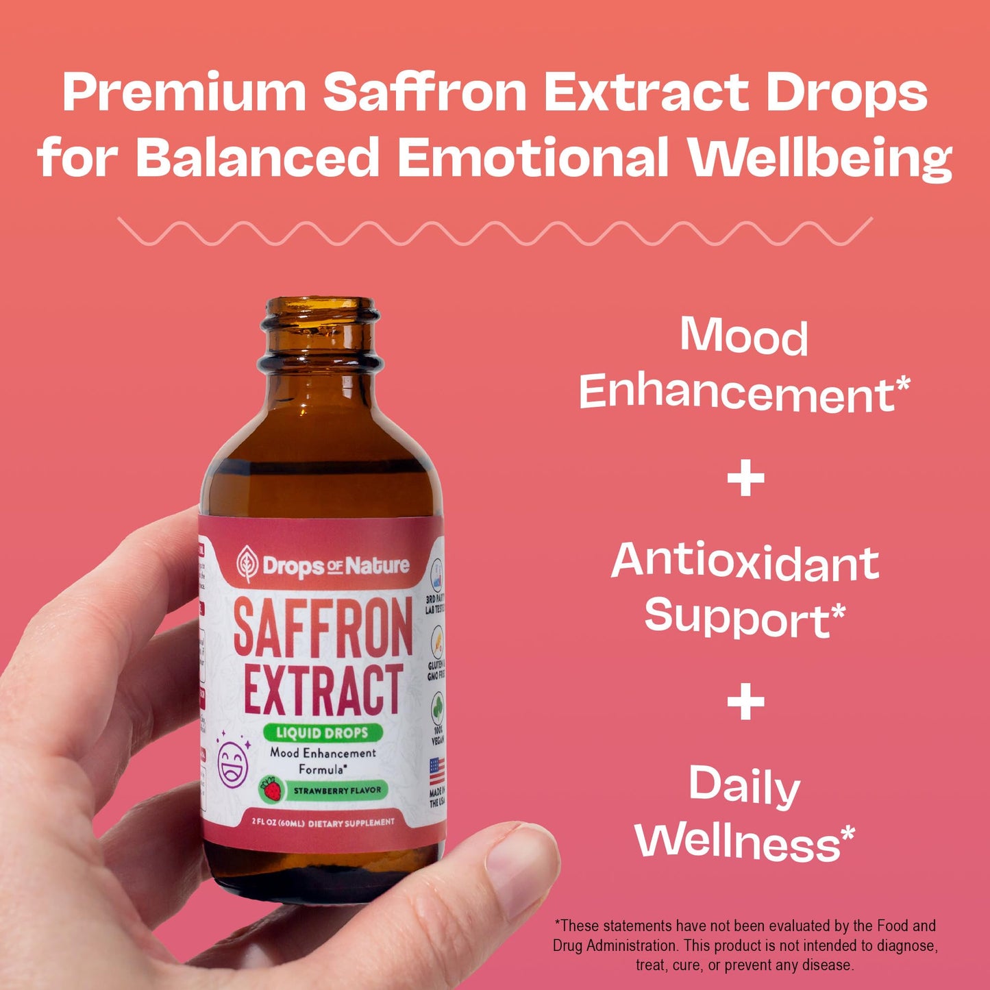 Saffron Supplements for Kids & Adults – Made with Pure Saffron Extract – Vegan, Fast Absorbing – Mix with Drinks – Supports Eye Health, Emotional Balance and Antioxidant Level Boost (Strawberry, 60mL)