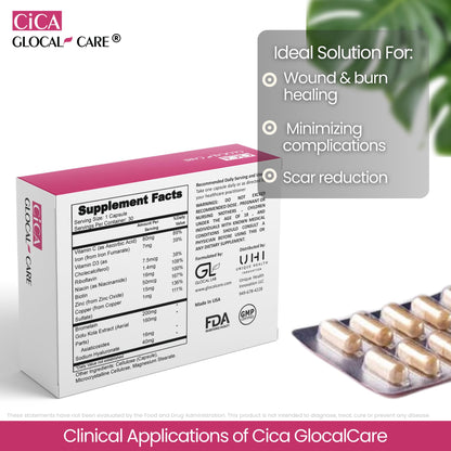 Cica GlocalCare – Clinically Proven Wound Healing Supplement - Aids in Scar & Recovery Support - Helps with Skin & Tissue Repair for Surgery, Wounds, Scar Treatment & Bruising (30 Capsules)