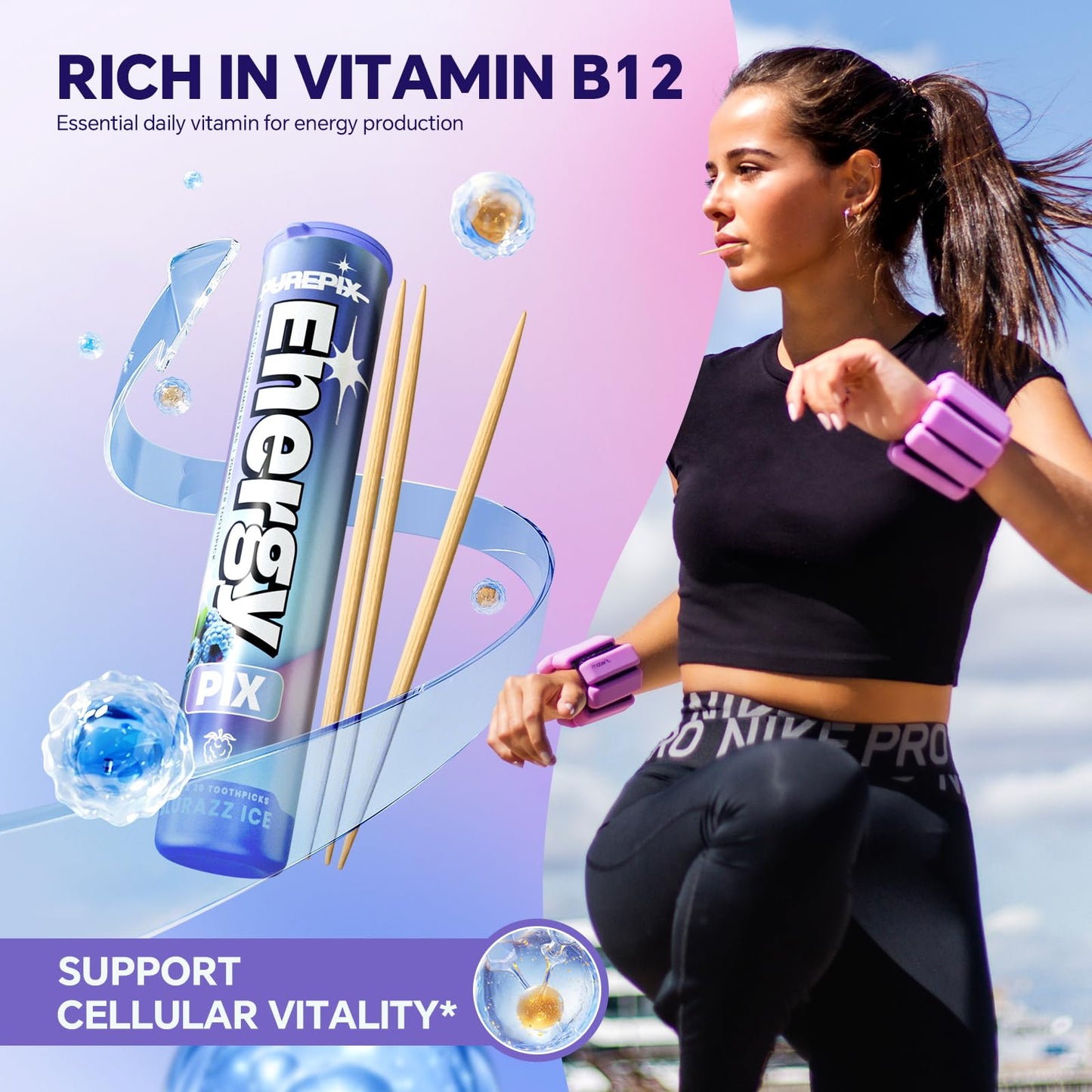 Caffeinated Flavored Toothpicks for Energy & Focus | Sugar-Free Energy Toothpicks with Vitamin B12 & L-Theanine | Kosher, Vegan, 20 Coun (BlueRazz Ice 3 Pack)