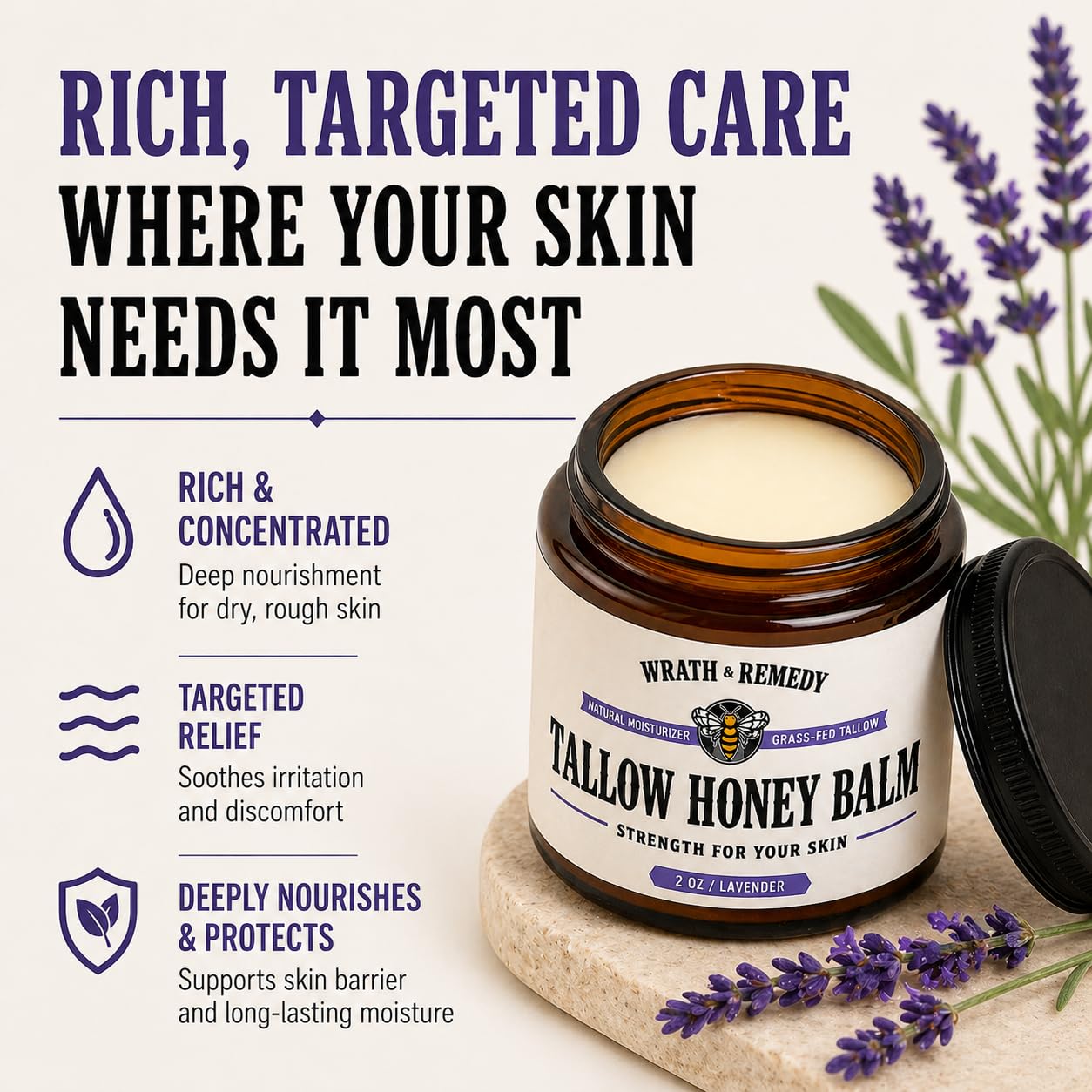 Organic Beef Tallow for Skin - 2OZ (Lavender, Concentrated) — US-Made Grass Fed Tallow and Honey Balm Moisturizer for Face, Hands & Body — Intensive Care for Dry Sensitive Skin, Eczema (No Additives)