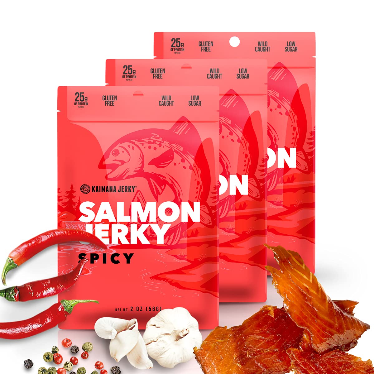 Kaimana Jerky Wild Caught Salmon Jerky - Organic Gourmet Dried Fish Strips Rich in Omega-3 & Protein - Low-Calorie Sweet Seafood Snack with No Gluten, Less Sodium & Sugar - Spicy Flavor - 3/2oz Pack
