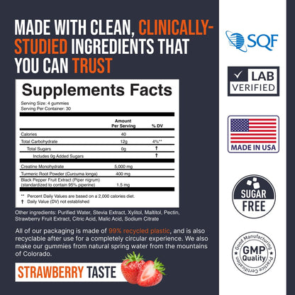 EcoWise Wellness Creatine Monohydrate Gummies 5000 mg, Fresh Strawberry Flavor, 120 Sugar-Free Vegan Chews, Creatine Supplement for Daily Routine
