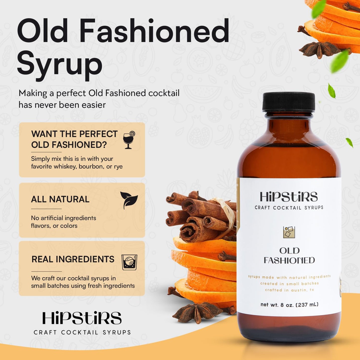 HipStirs Old Fashioned Mix - Our Artisan Old Fashioned Syrup uses Real Blood Orange Bitters for Cocktails to Make it a Rich and Timeless Winter Drink Mixer (8 Fl Oz)