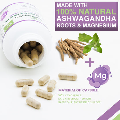 TEX NEWTRA Ashwagandha Vegan Root Extract (5% Withanolides) & Magnesium Glycinate Supplement – Non-GMO, Gluten-Free, Allergen Free and Lactose Free – 60 Capsules