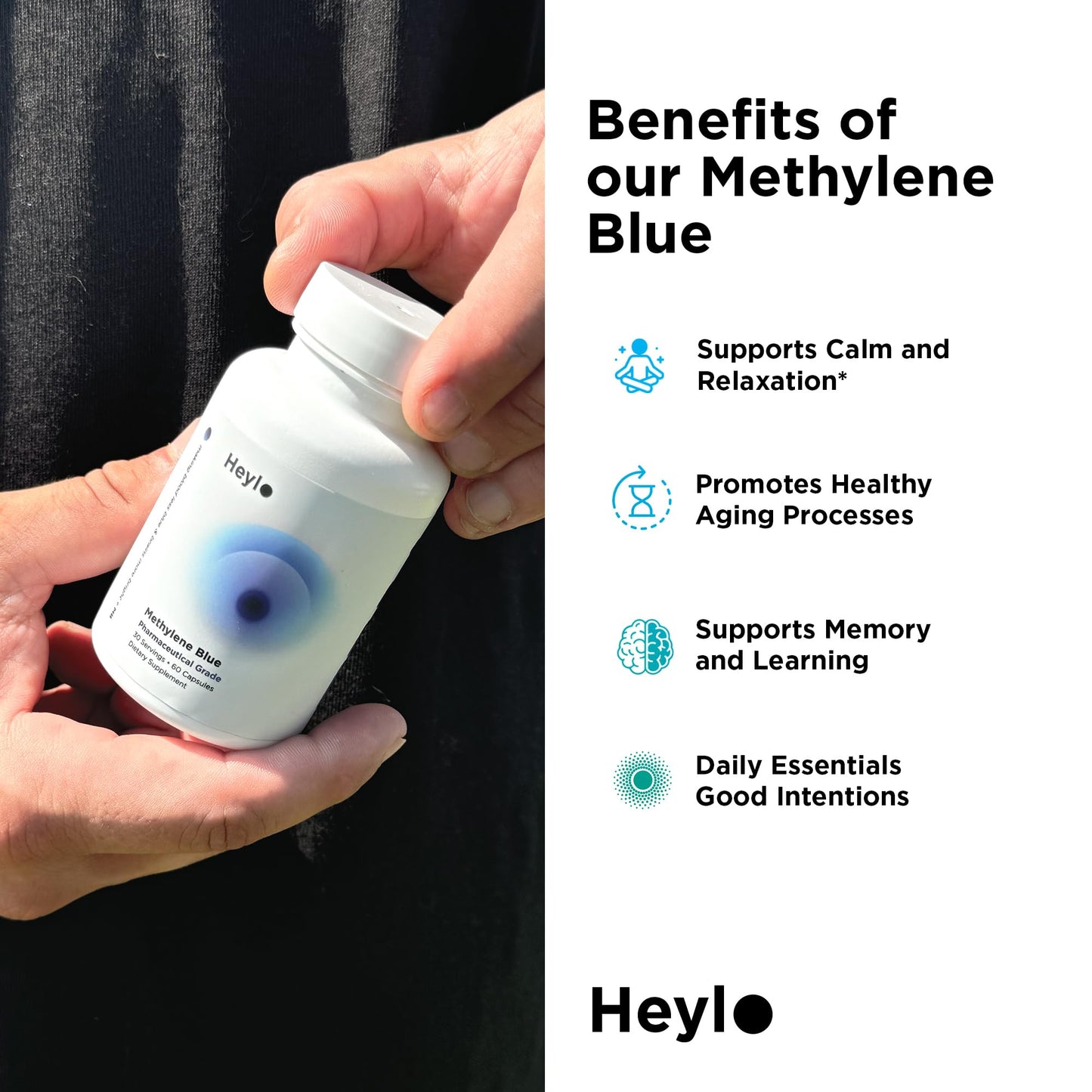Heylo Methylene Blue Capsules - Pharmaceutical USP Grade Quality | Third Party Tested | Boosts Memory, Focus, Clarity, Energy | Supports Cellular & Mitochondrial Function, Made in USA, 30mg
