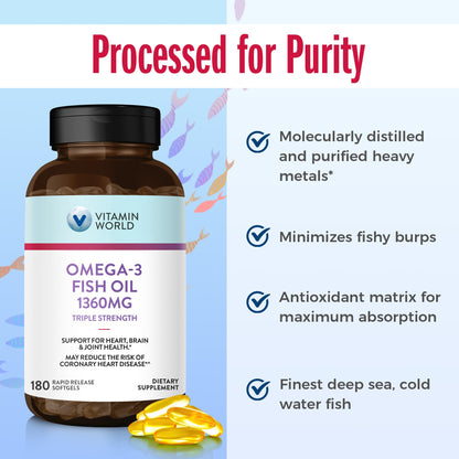 Vitamin World Triple Strength Omega 3 Fish Oil 1360 mg Supplement, 950 mg Active Omega-3 Fatty Acids with EPA & DHA, Supports Heart, Brain & Joint Health, Gluten Free, 180 Softgels, 6 Months Supply