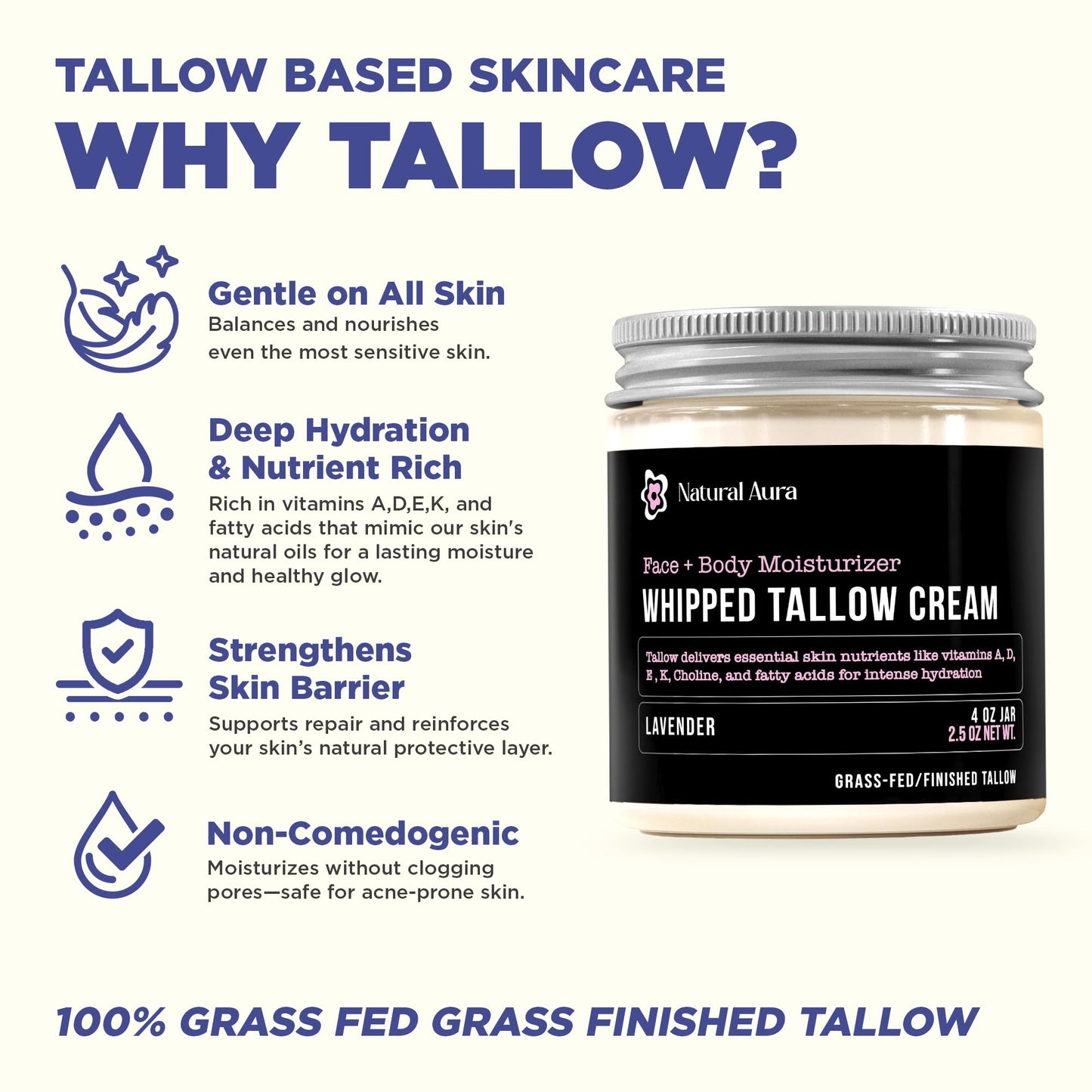 Whipped Beef Tallow for Skin - Face + Body Moisturizer, 100% Grass Fed Grass Finished Tallow and Honey Balm for Dry Skin - Natural Lotion - Free of Harsh Chemicals - 4oz, (Lavender)