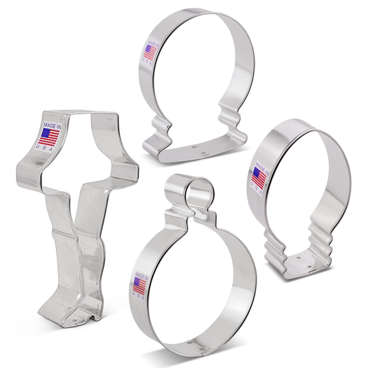 Christmas Cookie Cutters 4-Pc. Set Made in USA by Ann Clark, Snow Globe, Ornament, Light Bulb, Leg Lamp