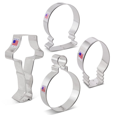 Christmas Cookie Cutters 4-Pc. Set Made in USA by Ann Clark, Snow Globe, Ornament, Light Bulb, Leg Lamp