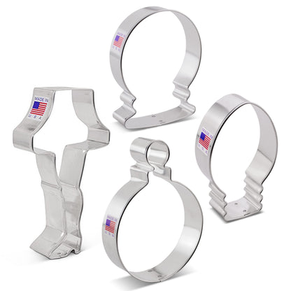 Christmas Cookie Cutters 4-Pc. Set Made in USA by Ann Clark, Snow Globe, Ornament, Light Bulb, Leg Lamp