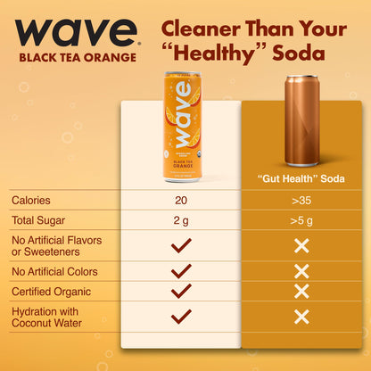 WAVE Organic Sparkling Drink | Low Calorie Drink, Black Tea Orange Lightly Carbonated | Great Natural Soda Alternative | USA Made Kosher No Added Sugar, Color, & Artificial Ingredients |12 Pack