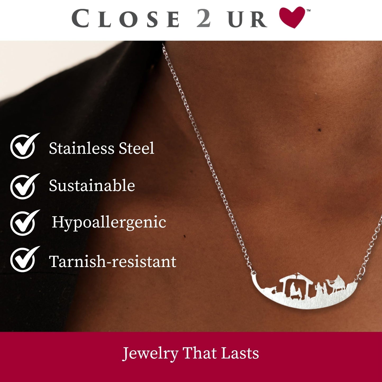 Close 2 UR Heart Stainless Steel Necklace - 3 Kings | Faith Inspired Pendant With Meaningful Message | Durable Handmade Jewelry Gift | Made In USA
