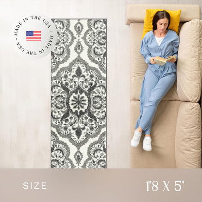 Maples Rugs Vivian Medallion Runner Rug - Made in USA - Washable, Non Slip, Indoor Carpet for Home, 1'8 x 5', Grey