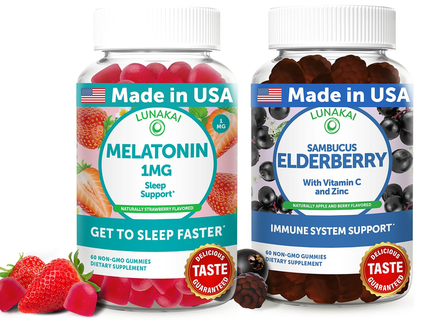 Lunakai USA Made Low Dose Melatonin & Sambucus Elderberry Gummies Bundle – Sleep Support & Immune System Boost – 60 Non-GMO Gummies Each