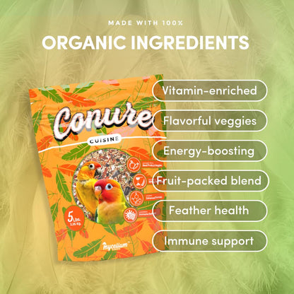 Mycelium Organic Conure Cuisine (5 LB Bag) | Fruit & Veggie Bird Seed w/Added Vitamins | Balanced Daily Nutrition for Immunity & Feather Health | Non-GMO, No Fillers or Additives, Made in USA