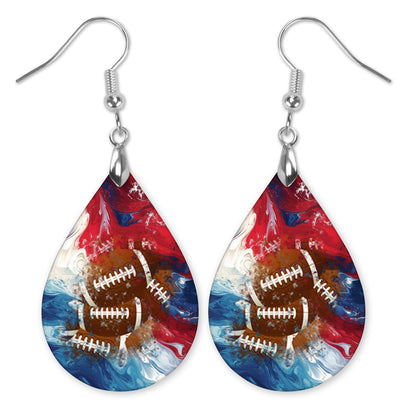 Football Dangle Earrings Teardrop Sports School Team Spirit Fan Jewelry for Women Handmade by The Painted Pug (Football RWB)