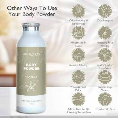 SoCal Suds & Company - Natural Body Powder Talc-Free - with Arrowroot Powder, Kaolin, Aspen Bark Extract for Soft Soothing Delicate Skin - Vanilla 4oz, 1-Pack