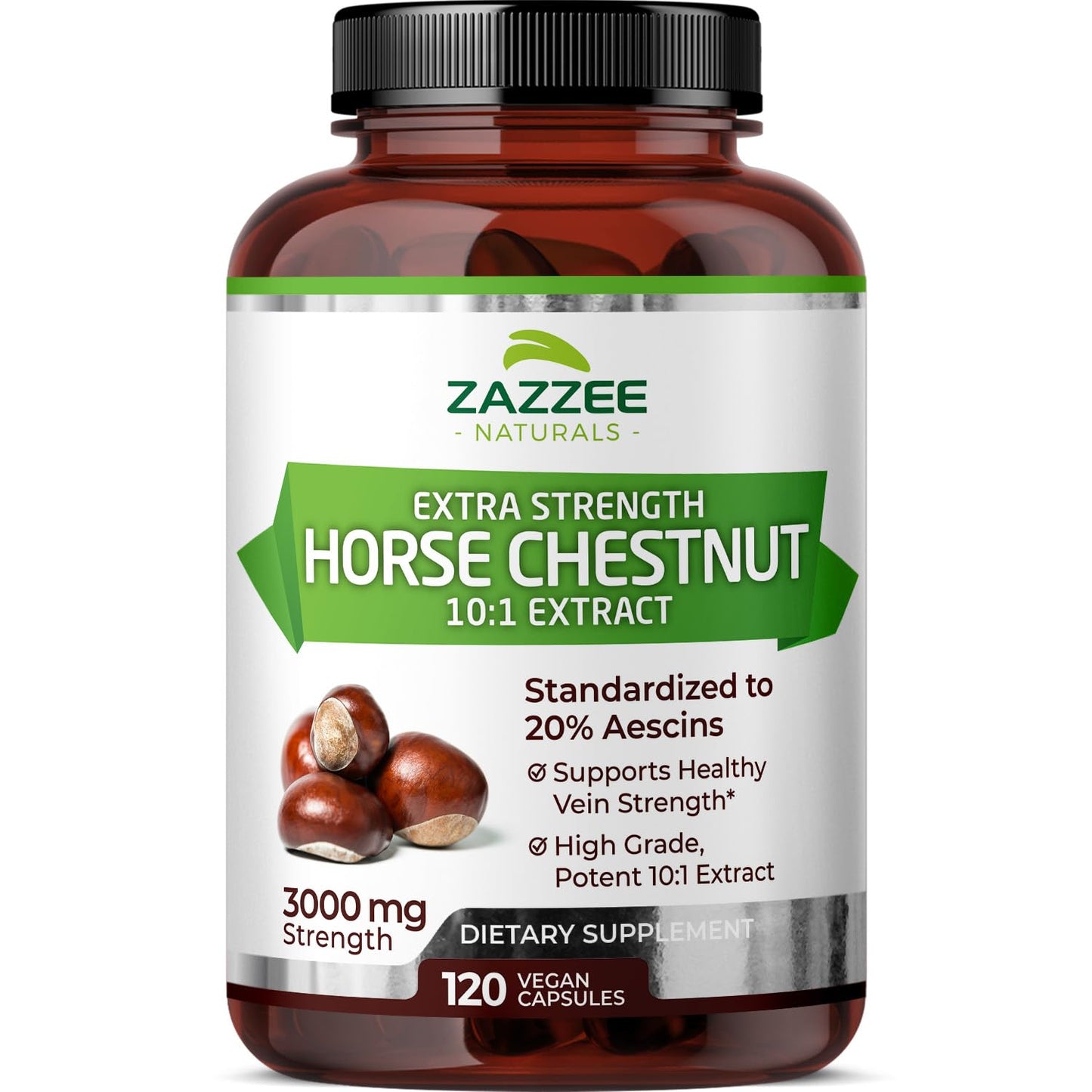 Zazzee Extra Strength Horse Chestnut 10:1 Extract, 3000 mg Strength, 20% Aescins, 4 Month Supply, 120 Vegan Capsules, Concentrated and Standardized 10X Extract, All-Natural, Non-GMO, Made in The USA