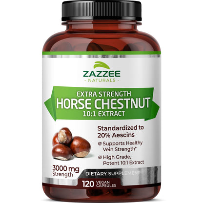 Zazzee Extra Strength Horse Chestnut 10:1 Extract, 3000 mg Strength, 20% Aescins, 4 Month Supply, 120 Vegan Capsules, Concentrated and Standardized 10X Extract, All-Natural, Non-GMO, Made in The USA