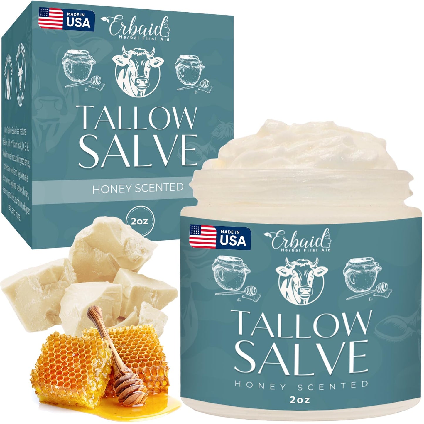 Beef Tallow Salve – All Natural Grass Fed Beef Tallow & Honey All Purpose Balm – Moisturizing Body Salve Great for Eczema, Cracked, Dry, Itchy, Irritated Skin – Skin Repair Skincare Made in USA