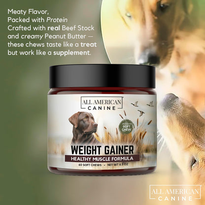 All American Canine Dog Weight Gainer Chews – High Calorie Dog Food Supplement for Rapid Weight Gain, Mass, and Recovery – Appetite Stimulant – 60 Chews