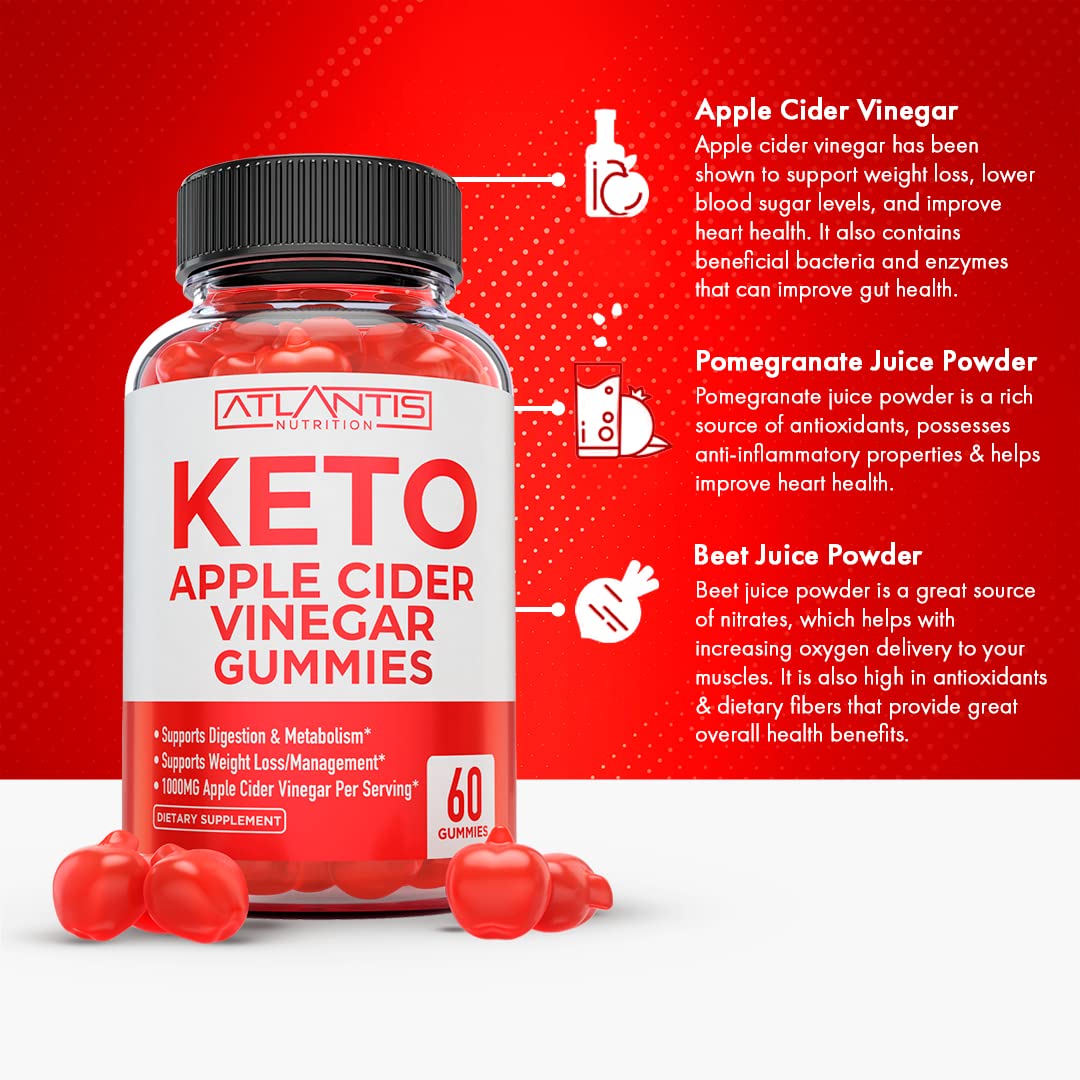 Atlantis Nutrition Keto ACV Gummies for Weight Loss - Apple Cider Vinegar Gummies Formulated to Support Advanced Weight Loss, Digestion, Detox & Cleansing, Made with 1000MG ACV Per Serving - 60 Count