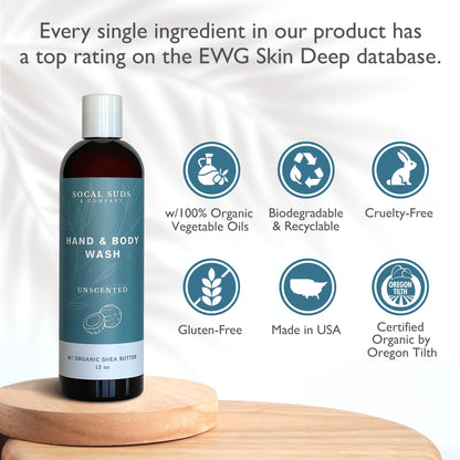 SoCal Suds & Company Organic Shea Butter Body Wash – Fragrance Free Liquid Soap for Hand & Body, Moisturizing Shower Gel, Body Wash for Women, Men & Unisex, Gentle Skin Care & Protection - (12oz)