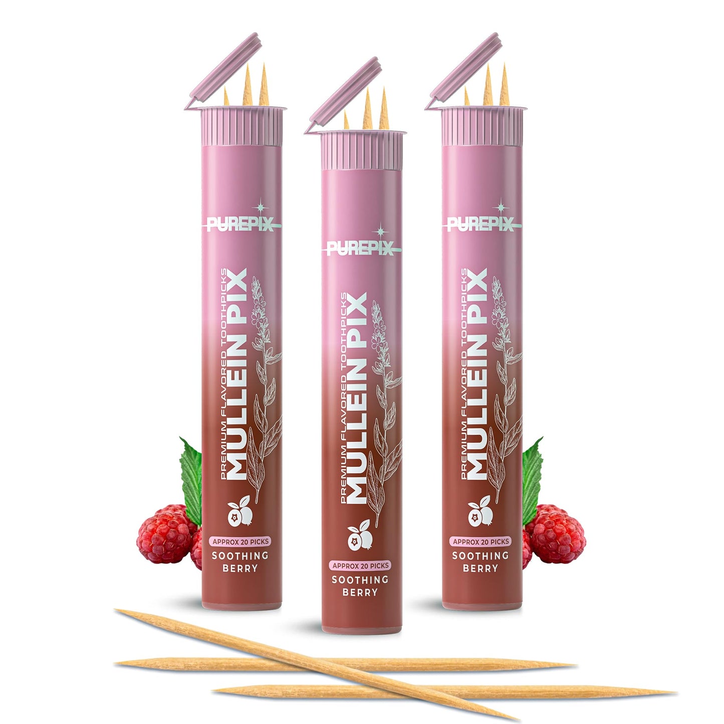 Mullein Pix, Extra Thick Boosting Flavored Toothpicks with Mullein Leaf – Natural Smoking Alternative – Lung Cleanse Support (Soothing Berry 3 Pack)