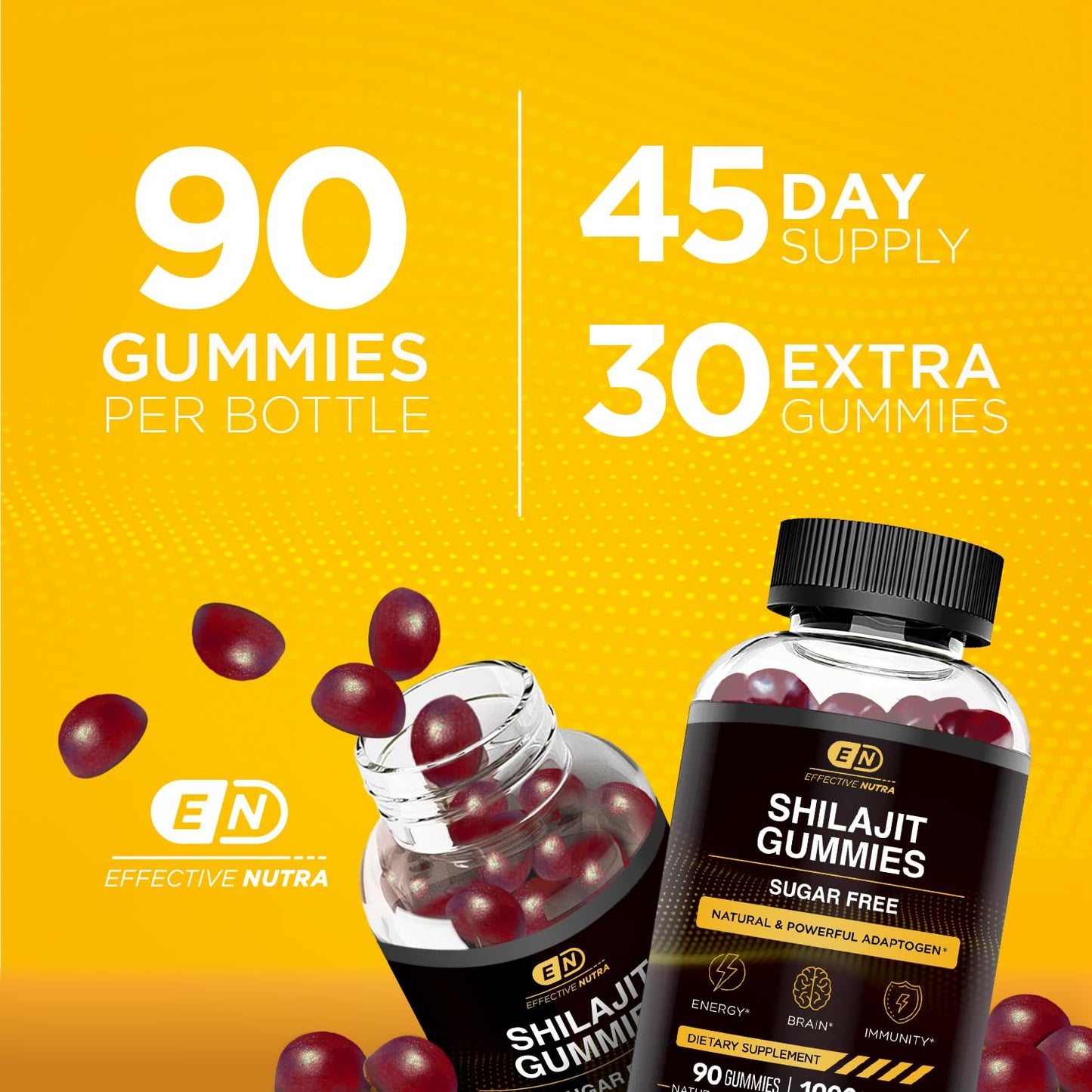 EFFECTIVE NUTRA Shilajit Gummies 1000mg | Pure Shilajit Resin for Energy, Brain & Immunity | Supplement for Men & Women | Sugar-Free, Vegan, Gluten-Free | Natural Berry Flavor, Made in USA (90ct)