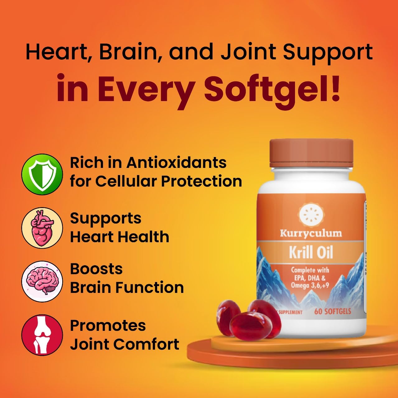 Kurryculum Krill Oil Softgels, 60 Count, with EPA, DHA & Omega 3,6,9