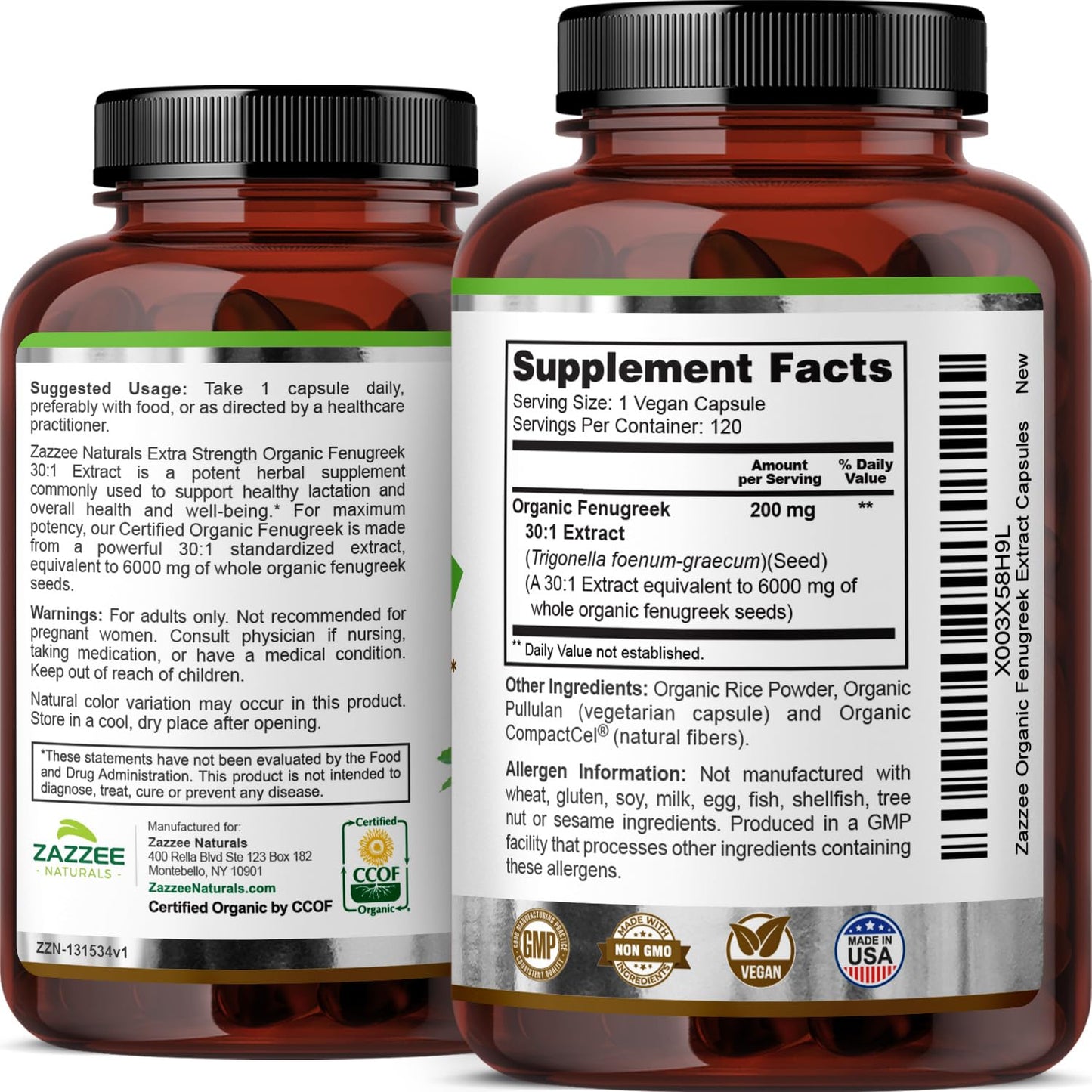 Zazzee USDA Organic Fenugreek 30:1 Extract, 6000 mg Strength, 120 Vegan Capsules, 4 Month Supply, Standardized and Concentrated 30X Extract, 100% Vegetarian, All-Natural and Non-GMO