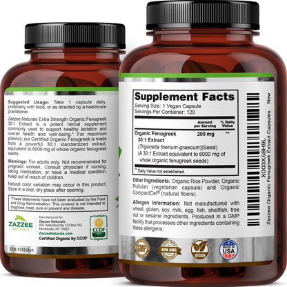 Zazzee USDA Organic Fenugreek 30:1 Extract, 6000 mg Strength, 120 Vegan Capsules, 4 Month Supply, Standardized and Concentrated 30X Extract, 100% Vegetarian, All-Natural and Non-GMO