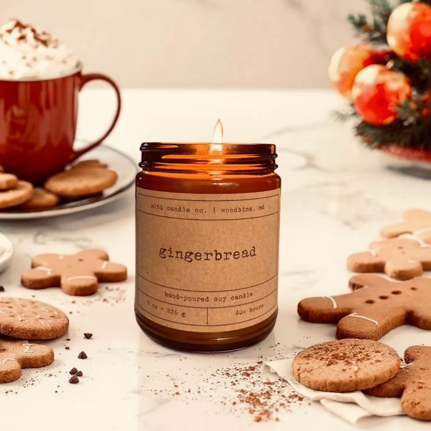 Gingerbread Soy Candle | Gingerbread, Nutmeg, Vanilla, Cinnamon Scented | 8 oz. | 40 Hour Burn Time | Non-Toxic, Phthalate-Free, Dye-Free | Hand-Poured | Amber Jar | Cotton Wick | Made in The USA