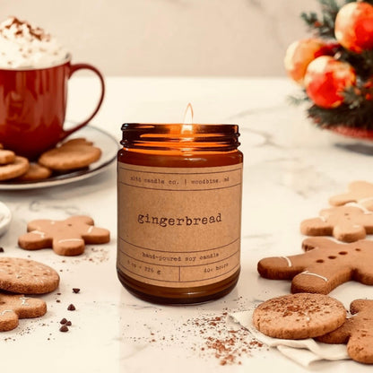 Gingerbread Soy Candle | Gingerbread, Nutmeg, Vanilla, Cinnamon Scented | 8 oz. | 40 Hour Burn Time | Non-Toxic, Phthalate-Free, Dye-Free | Hand-Poured | Amber Jar | Cotton Wick | Made in The USA
