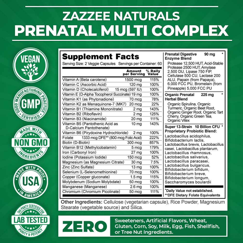 Zazzee Extra Strength Complete Prenatal Multi Complex, 120 Vegan Capsules, 2 Month Supply, 23 Essential Vitamins & Minerals, MK7, 10 Billion CFU Probiotics, Prenatal Enzymes, Organic Herbal Blend