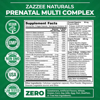 Zazzee Extra Strength Complete Prenatal Multi Complex, 120 Vegan Capsules, 2 Month Supply, 23 Essential Vitamins & Minerals, MK7, 10 Billion CFU Probiotics, Prenatal Enzymes, Organic Herbal Blend