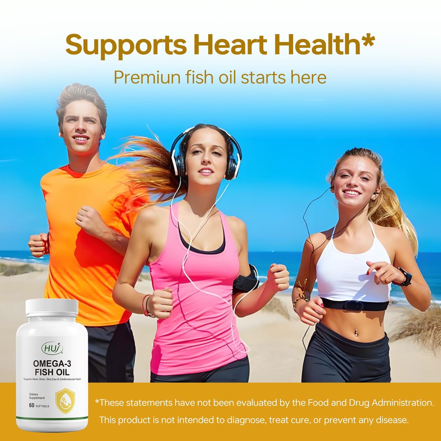 HUJ Omega 3 Fish Oil 1000mg Softgels - EPA+DPA, Fish Oil Omega 3 for Heart, Brain, Skin, Eyes & Cardiovascular Support *- 60 Softgels