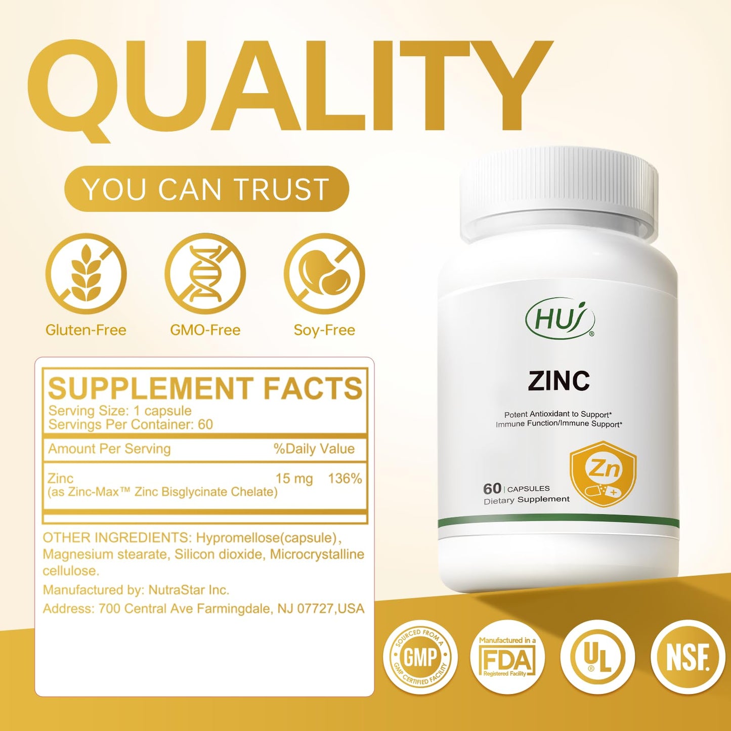 HUJ Zinc, 60 Capsules, Potent Antioxidant for Immune Support