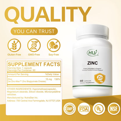 HUJ Zinc, 60 Capsules, Potent Antioxidant for Immune Support