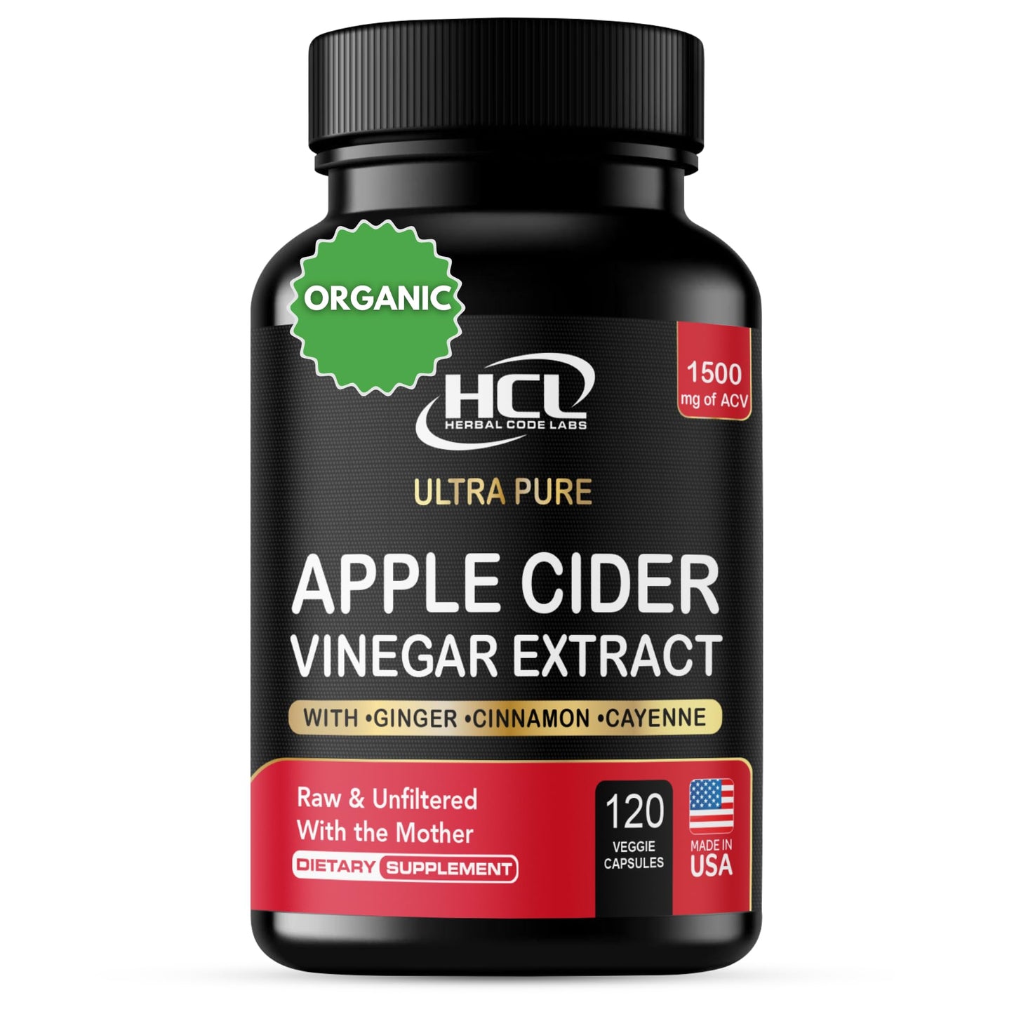 Organic Apple Cider Vinegar Capsules 1500 mg Extract with The Mother - Extra Strength Raw Apple Cider Pills w Ginger Cayenne Cinnamon - Natural Detox Potent Digestion Cleansing System ACV Supplement