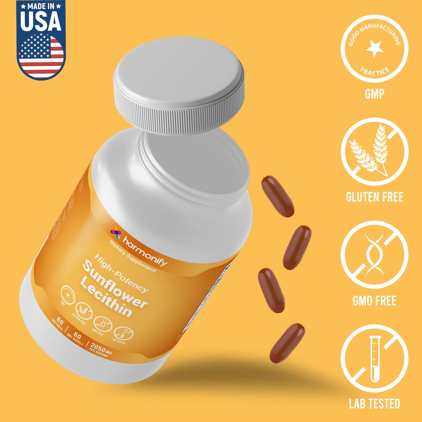 HARMONIFY Sunflower Lecithin Wellness Supplement, 2050 mg High-Potency, Non-GMO & Gluten-Free, 60 Softgels, Proudly USA Company