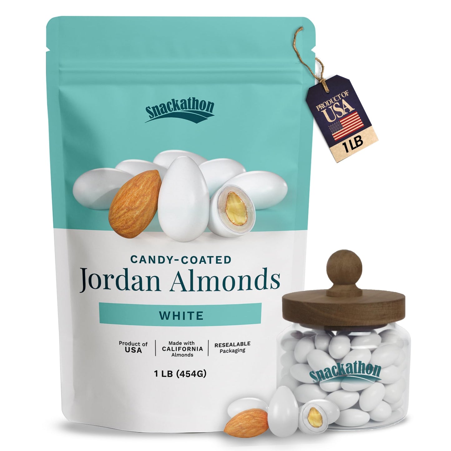 Snackathon Jordan Almonds, White Candy-Coated Almonds, 1 LB Resealable Bag, Made in USA, Bulk Italian Confetti Wedding Favors, Baby & Bridal Showers, Party Buffets, Events & Holidays