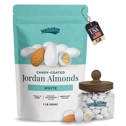 Snackathon Jordan Almonds, White Candy-Coated Almonds, 1 LB Resealable Bag, Made in USA, Bulk Italian Confetti Wedding Favors, Baby & Bridal Showers, Party Buffets, Events & Holidays