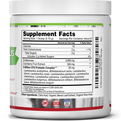 Zazzee D-Mannose Powder Plus, 2000 mg, 67 Servings, Potent & Fast-Acting, Plus 5 Billion CFU Probiotics and Pure Cranberry Juice Extract, Free Scoop, 6.5 Oz, Vegan, Gluten-Free, Non-GMO, All-Natural