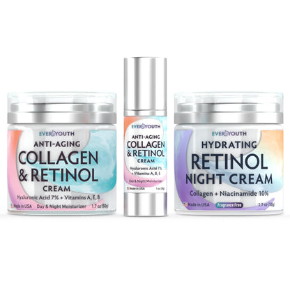 Face Moisturizer Bundle with Collagen, Retinol, Hyaluronic Acid, Niacinamide (Save 20%), Made in USA, Day & Night, for Women, Anti Wrinkle Cream for Face, Neck & Décolleté - 2x1.7oz+Travel Size 1.0oz