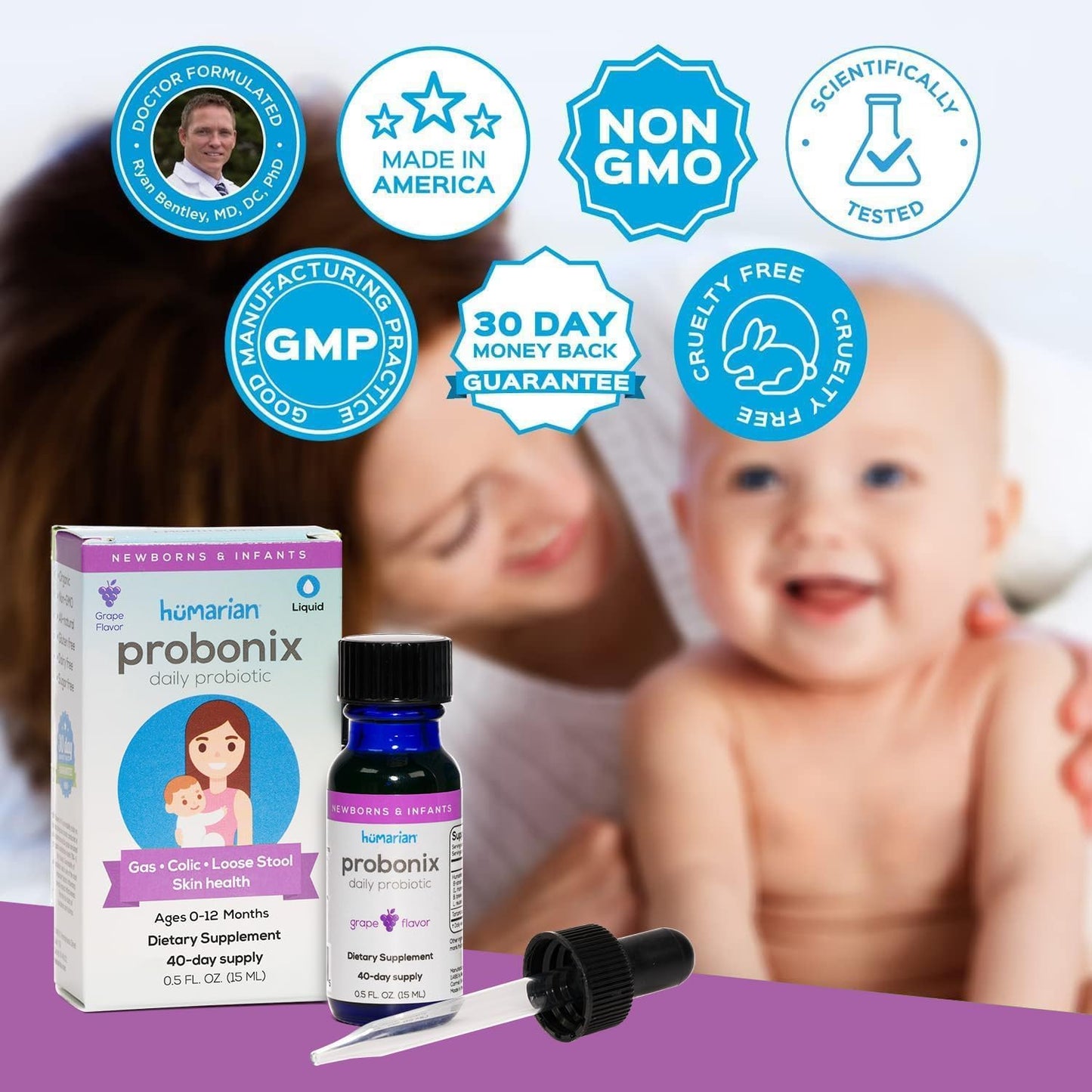 Probonix Humarian Liquid Probiotic for Baby 0-12 Months - 8-Strain Infant Probiotic Drops - 45 Billion CFUs - 40-Day Supply - Tasty Grape Flavor